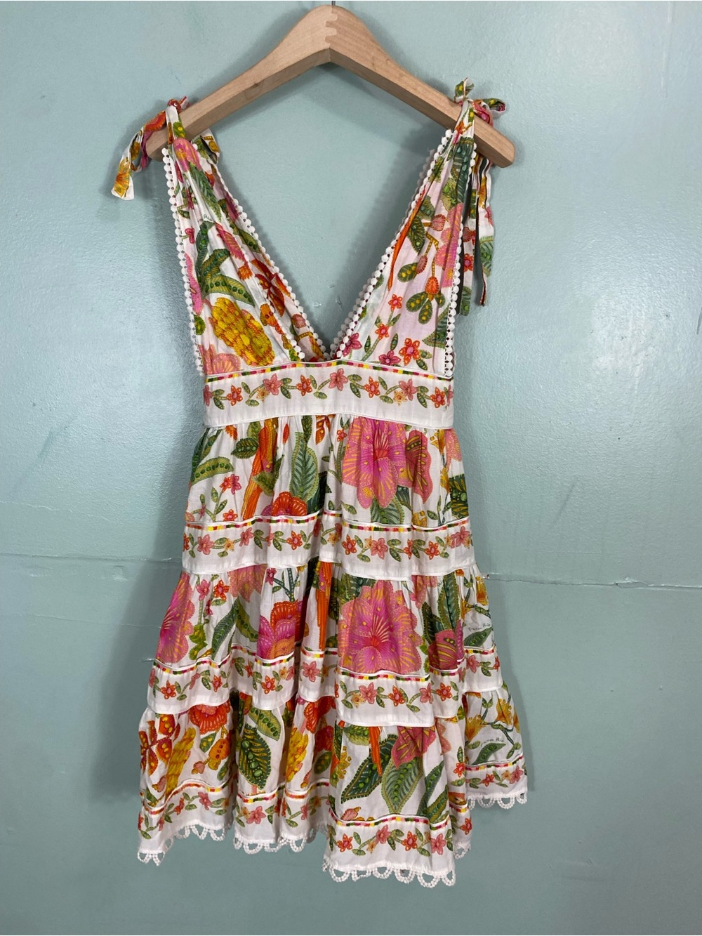 Farm Rio Macaw Bloom Tie Shoulder Mini Dress Floral XS - Picture 4 of 7